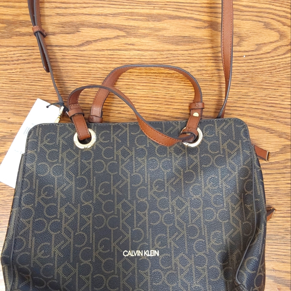 Calvin Klein CK brown handmade leather monogram handbag/shoulder purse.